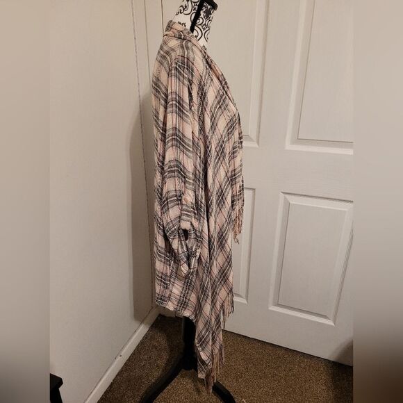 Dreamers Pink plaid open front cardigan with tab sleeves - Picture 2 of 7